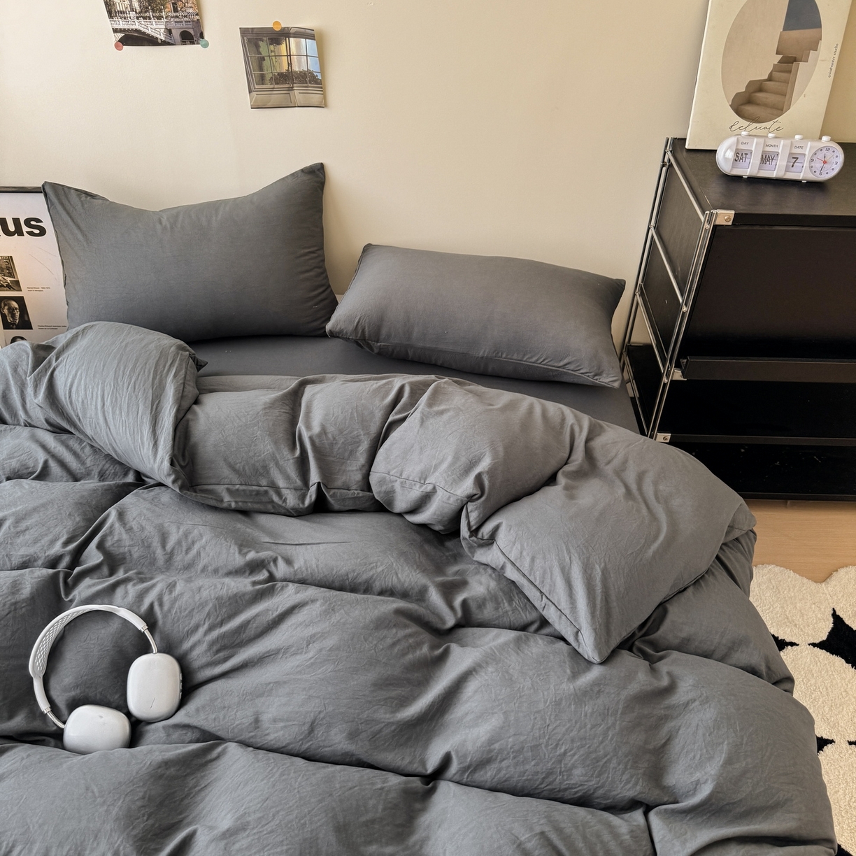 91家纺网 家纺一手货源 找家纺 （总）桔禾家纺 2025新款ins风纯色水洗棉四件套双拼水洗棉学生三件套四件套