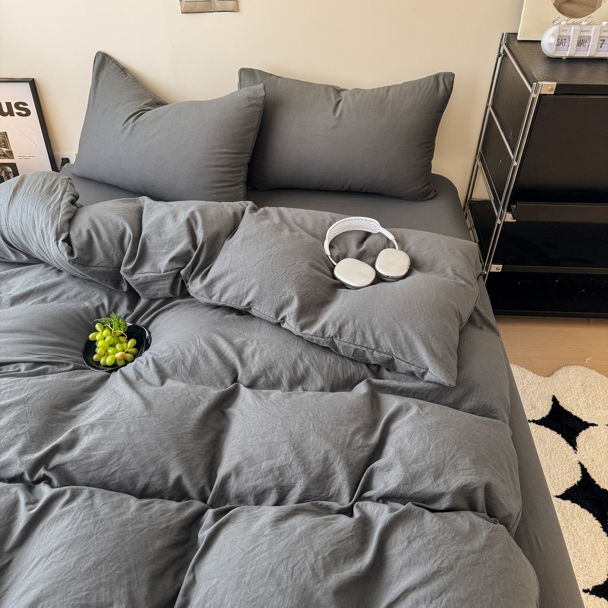 91家纺网 家纺一手货源 找家纺 （总）桔禾家纺 2025新款ins风纯色水洗棉四件套双拼水洗棉学生三件套四件套