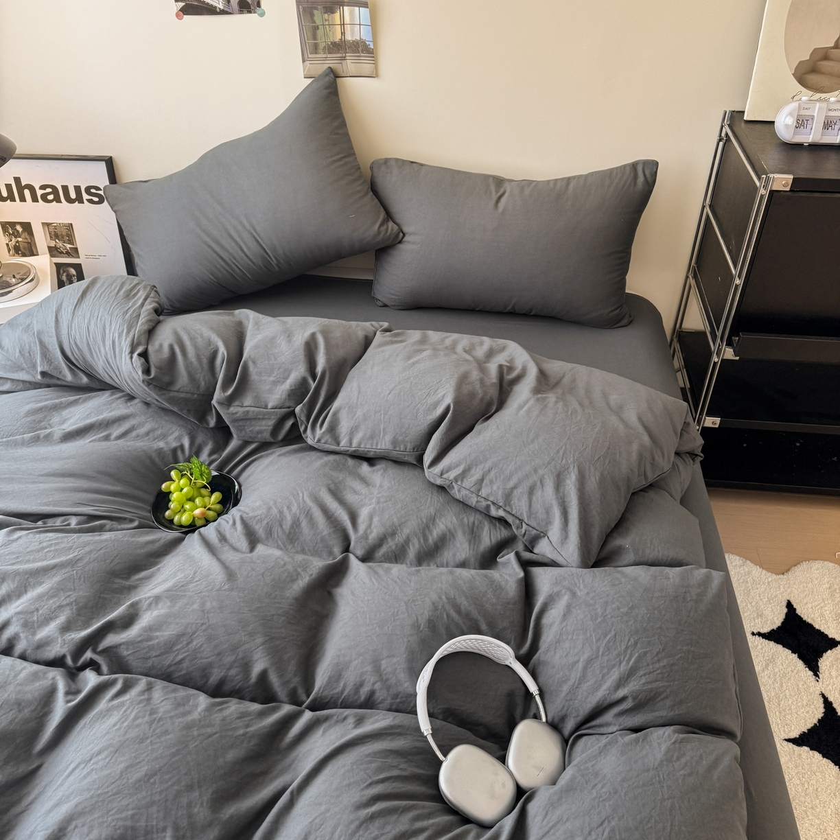 91家纺网 家纺一手货源 找家纺 （总）桔禾家纺 2025新款ins风纯色水洗棉四件套双拼水洗棉学生三件套四件套