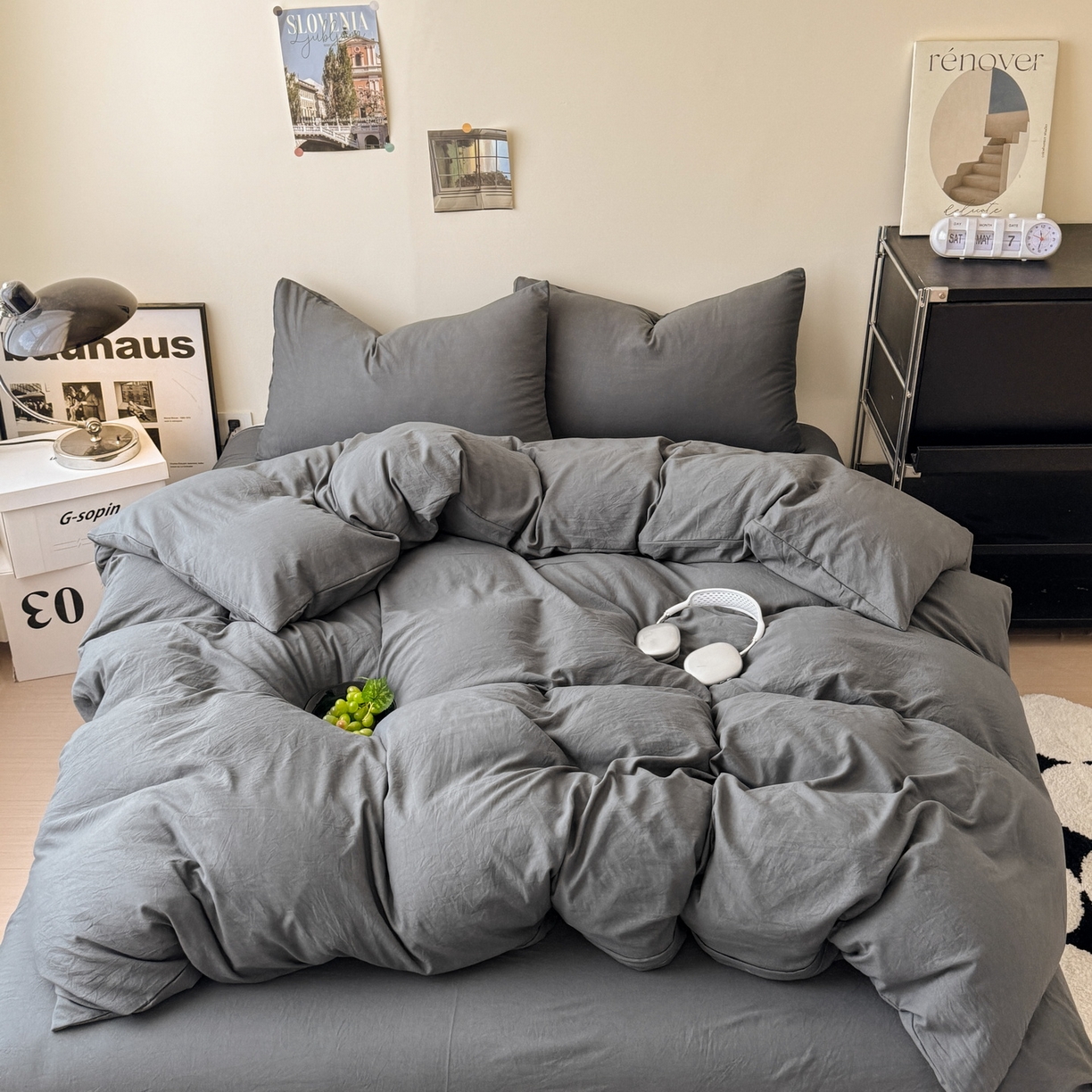 91家纺网 家纺一手货源 找家纺 （总）桔禾家纺 2025新款ins风纯色水洗棉四件套双拼水洗棉学生三件套四件套