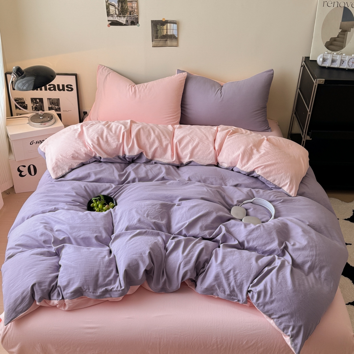 91家纺网 家纺一手货源 找家纺 （总）桔禾家纺 2025新款ins风纯色水洗棉四件套双拼水洗棉学生三件套四件套