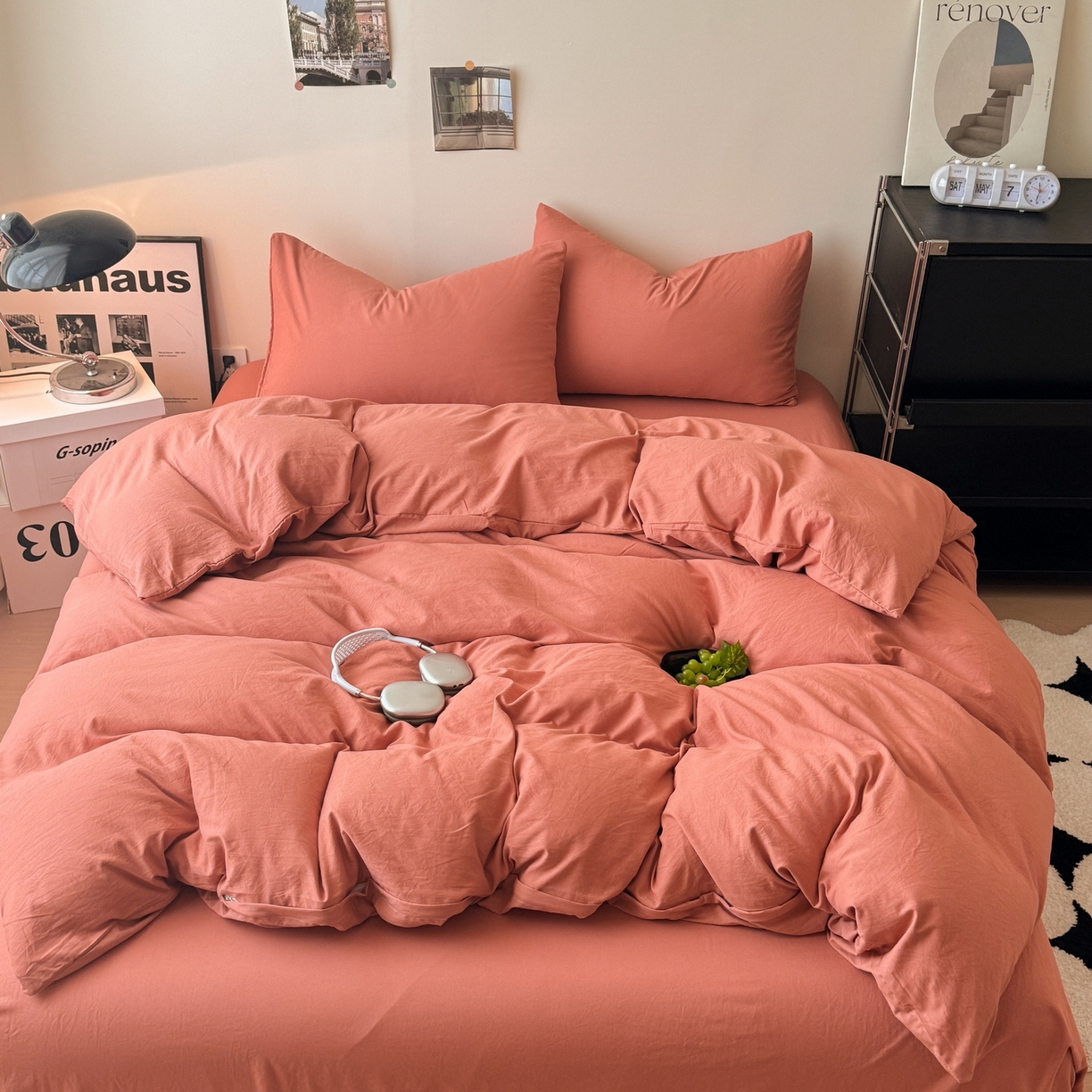 91家纺网 家纺一手货源 找家纺 （总）桔禾家纺 2025新款ins风纯色水洗棉四件套双拼水洗棉学生三件套四件套