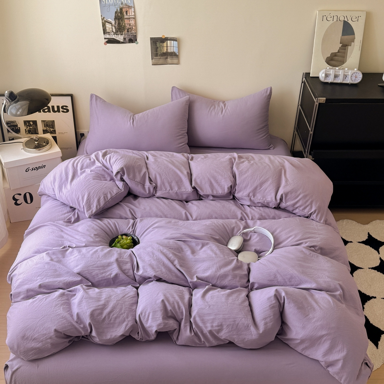 91家纺网 家纺一手货源 找家纺 （总）桔禾家纺 2025新款ins风纯色水洗棉四件套双拼水洗棉学生三件套四件套