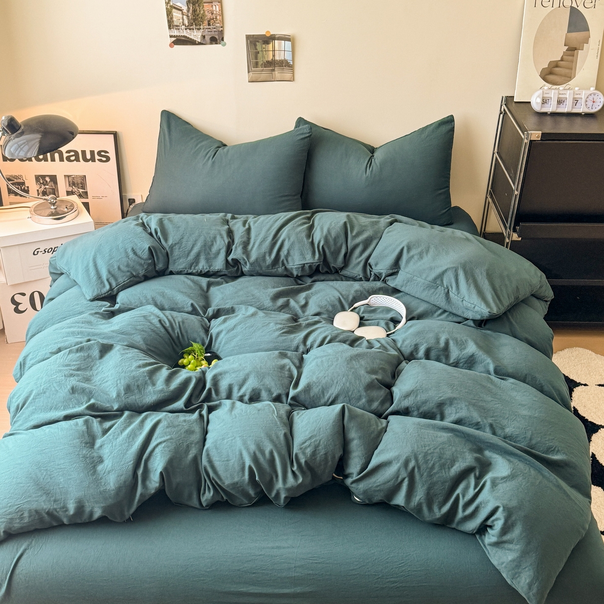 91家纺网 家纺一手货源 找家纺 （总）桔禾家纺 2025新款ins风纯色水洗棉四件套双拼水洗棉学生三件套四件套