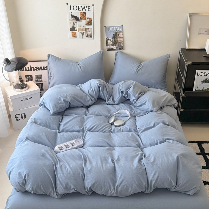 91家纺网 家纺一手货源 找家纺 桔禾家纺 2025新款ins风纯色水洗棉四件套双拼水洗棉学生三件套四件套 宾利蓝