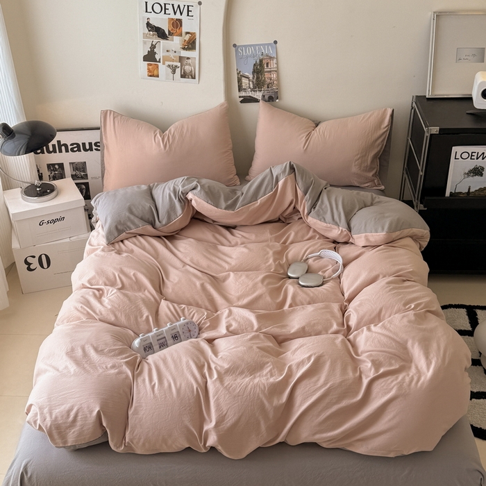 91家纺网 家纺一手货源 找家纺 （总）桔禾家纺 2025新款ins风纯色水洗棉四件套双拼水洗棉学生三件套四件套