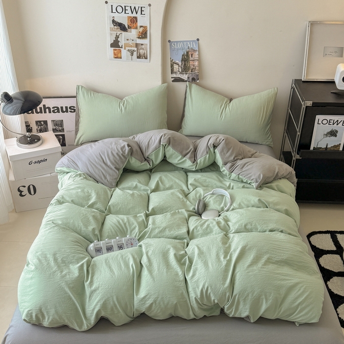 91家纺网 家纺一手货源 找家纺 桔禾家纺 2025新款ins风纯色水洗棉四件套双拼水洗棉学生三件套四件套 果绿浅灰