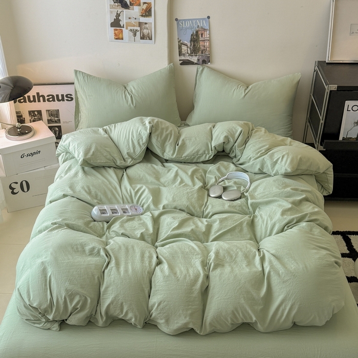 91家纺网 家纺一手货源 找家纺 （总）桔禾家纺 2025新款ins风纯色水洗棉四件套双拼水洗棉学生三件套四件套