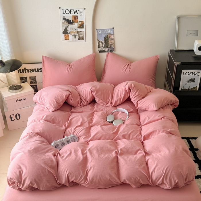 91家纺网 家纺一手货源 找家纺 桔禾家纺 2025新款ins风纯色水洗棉四件套双拼水洗棉学生三件套四件套 藕粉