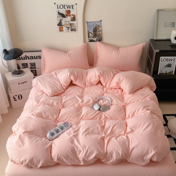 91家纺网 家纺一手货源 找家纺 （总）桔禾家纺 2025新款ins风纯色水洗棉四件套双拼水洗棉学生三件套四件套