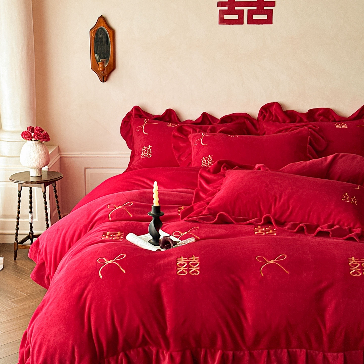 91家纺网 家纺一手货源 找家纺 （总）欧乐蒂 2025新款婚庆款牛奶绒刺绣系列四件套-爱相随