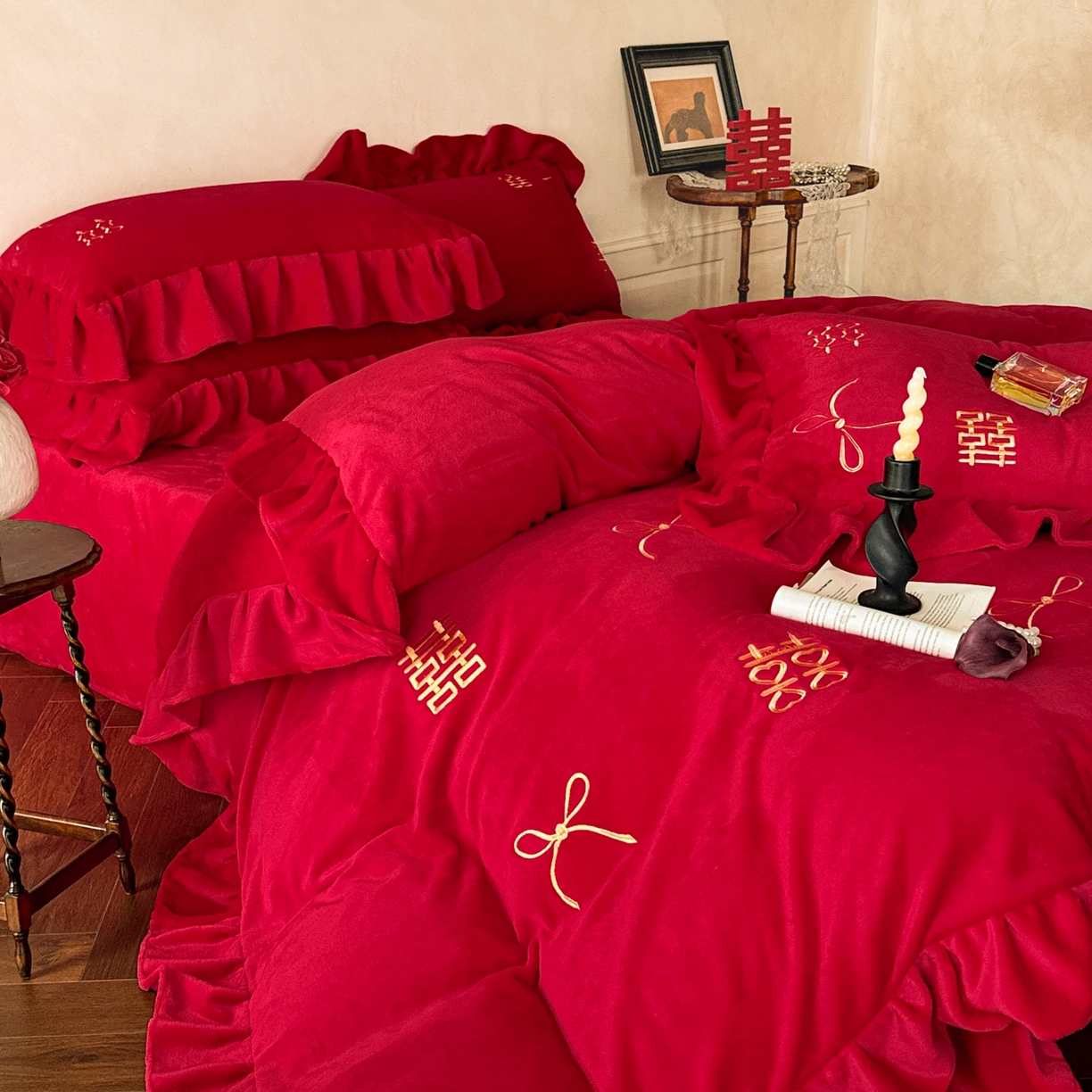 91家纺网 家纺一手货源 找家纺 （总）欧乐蒂 2025新款婚庆款牛奶绒刺绣系列四件套-爱相随