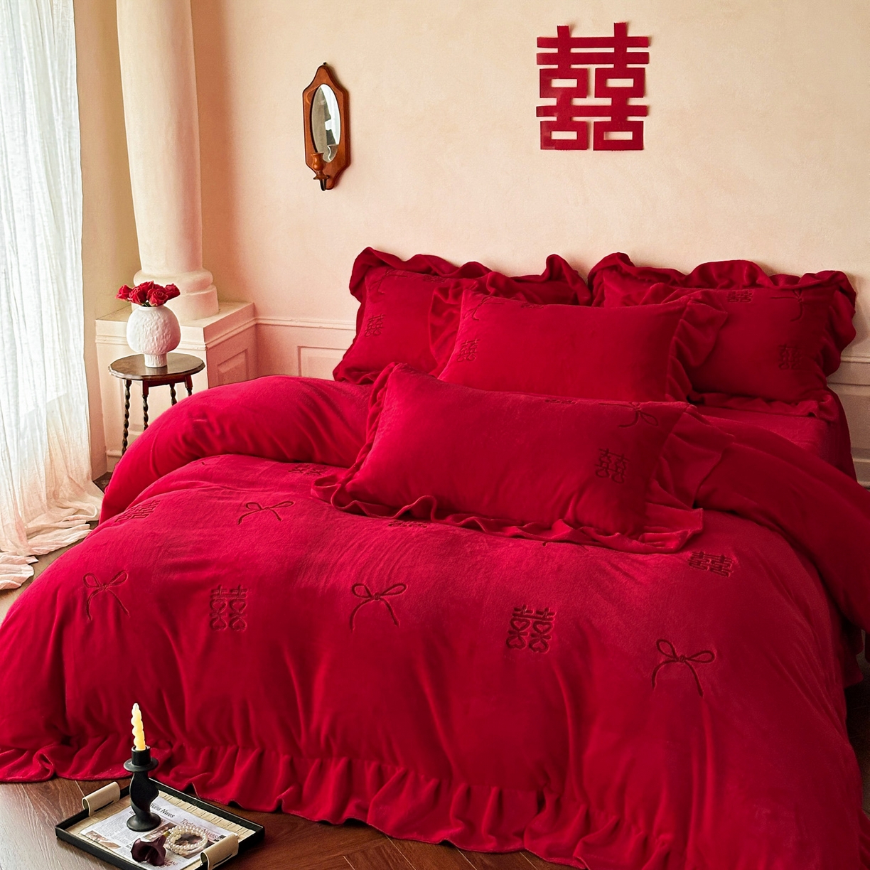 91家纺网 家纺一手货源 找家纺 欧乐蒂 2025新款婚庆款牛奶绒刺绣系列四件套-爱相随 爱相随-喜红