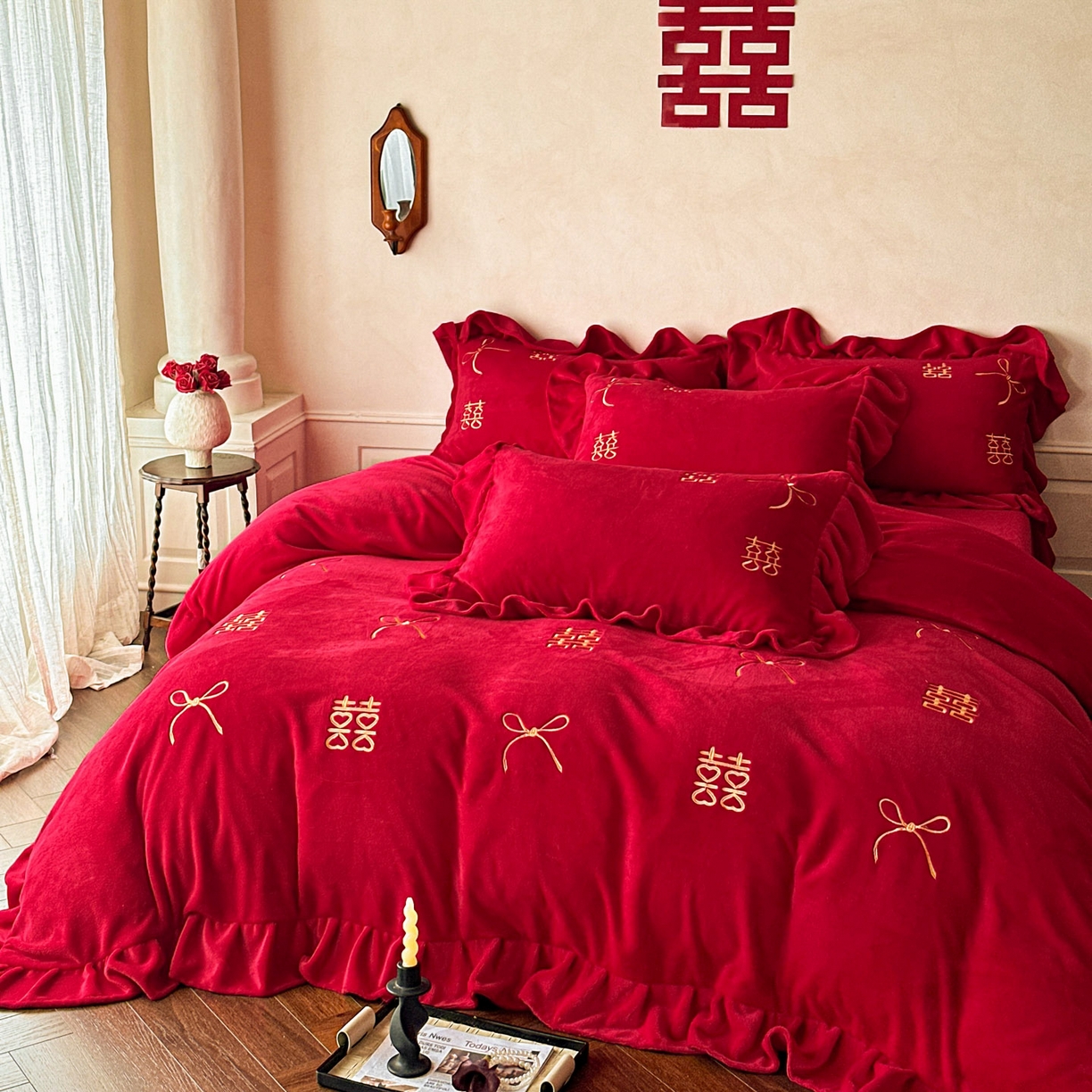 91家纺网 家纺一手货源 找家纺 欧乐蒂 2025新款婚庆款牛奶绒刺绣系列四件套-爱相随 爱相随-金