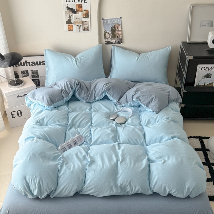 91家纺网 家纺一手货源 找家纺 （总）桔禾家纺 2025新款ins风纯色水洗棉四件套双拼水洗棉学生三件套四件套