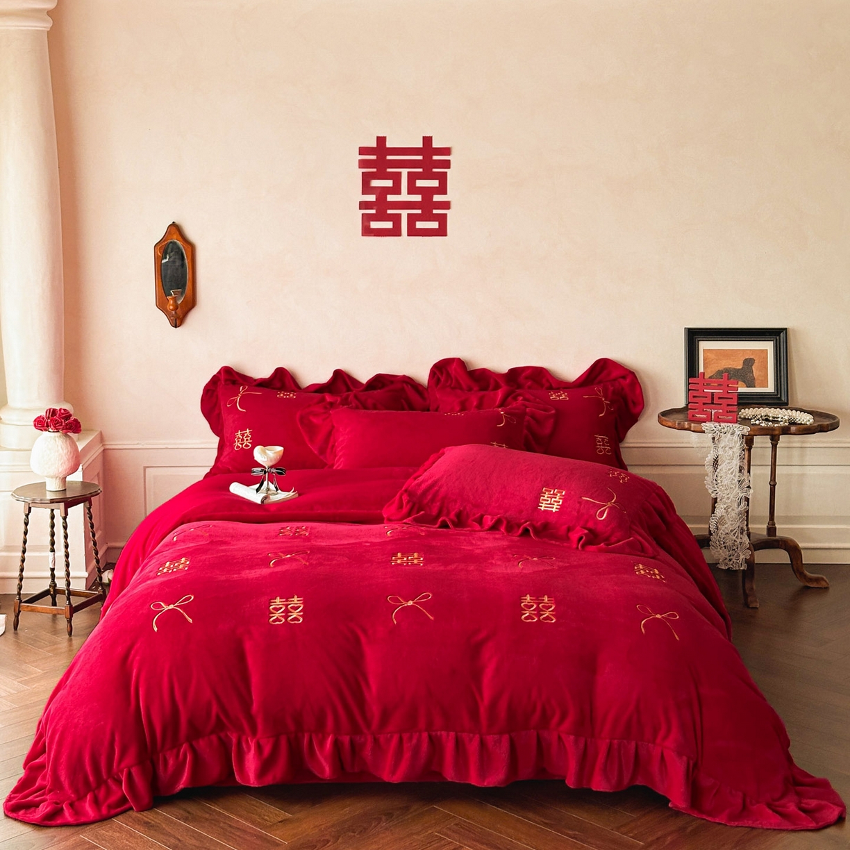 91家纺网 家纺一手货源 找家纺 欧乐蒂 2025新款婚庆款牛奶绒刺绣系列四件套-爱相随 爱相随-金