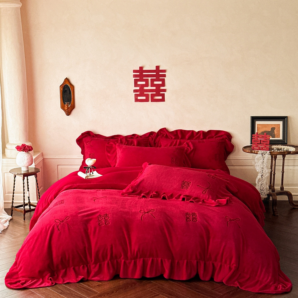 91家纺网 家纺一手货源 找家纺 （总）欧乐蒂 2025新款婚庆款牛奶绒刺绣系列四件套-爱相随