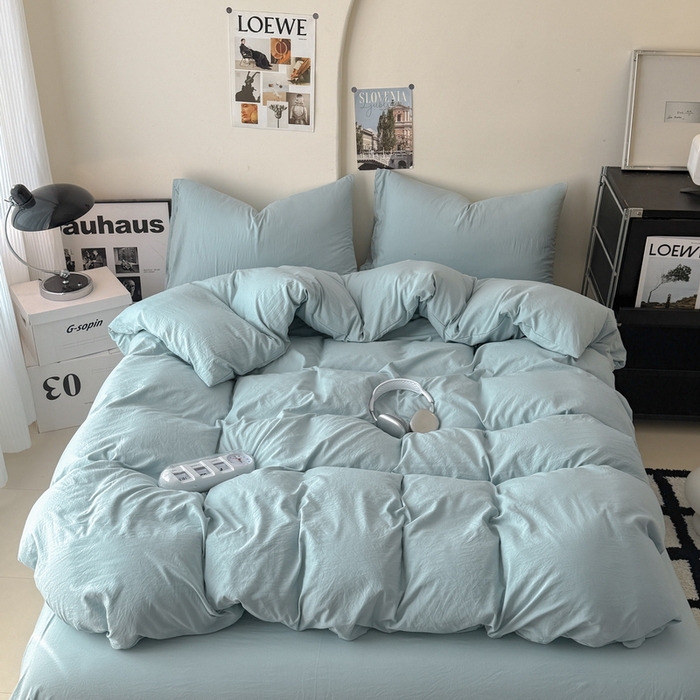 91家纺网 家纺一手货源 找家纺 （总）桔禾家纺 2025新款ins风纯色水洗棉四件套双拼水洗棉学生三件套四件套