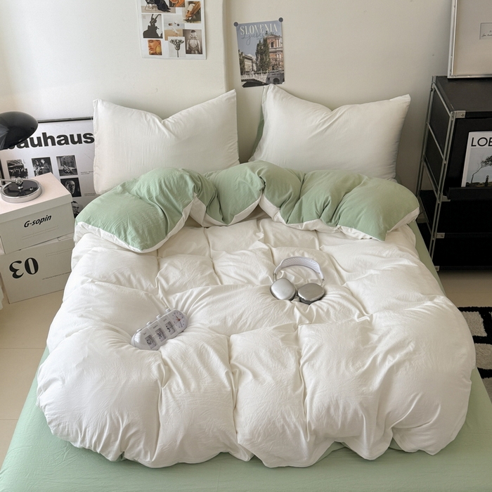 91家纺网 家纺一手货源 找家纺 桔禾家纺 2025新款ins风纯色水洗棉四件套双拼水洗棉学生三件套四件套 月白抹茶绿