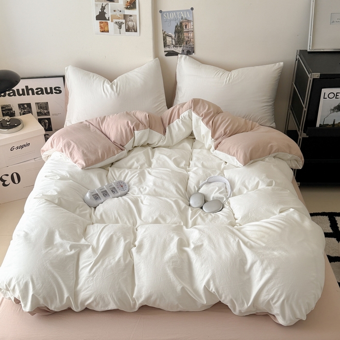 91家纺网 家纺一手货源 找家纺 （总）桔禾家纺 2025新款ins风纯色水洗棉四件套双拼水洗棉学生三件套四件套