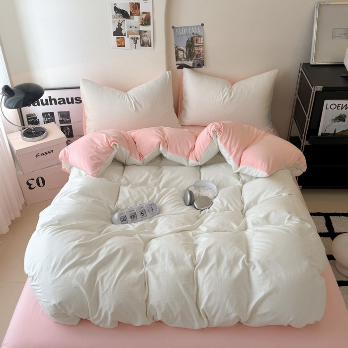 91家纺网 家纺一手货源 找家纺 （总）桔禾家纺 2025新款ins风纯色水洗棉四件套双拼水洗棉学生三件套四件套