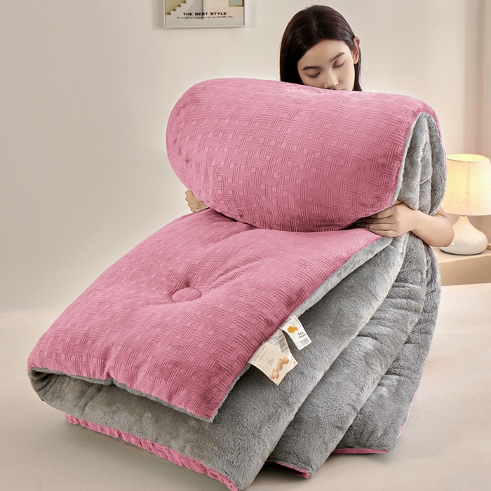 栩裕纺织 2025新款华夫格牛奶绒北极绒冬被被子被芯 粉色