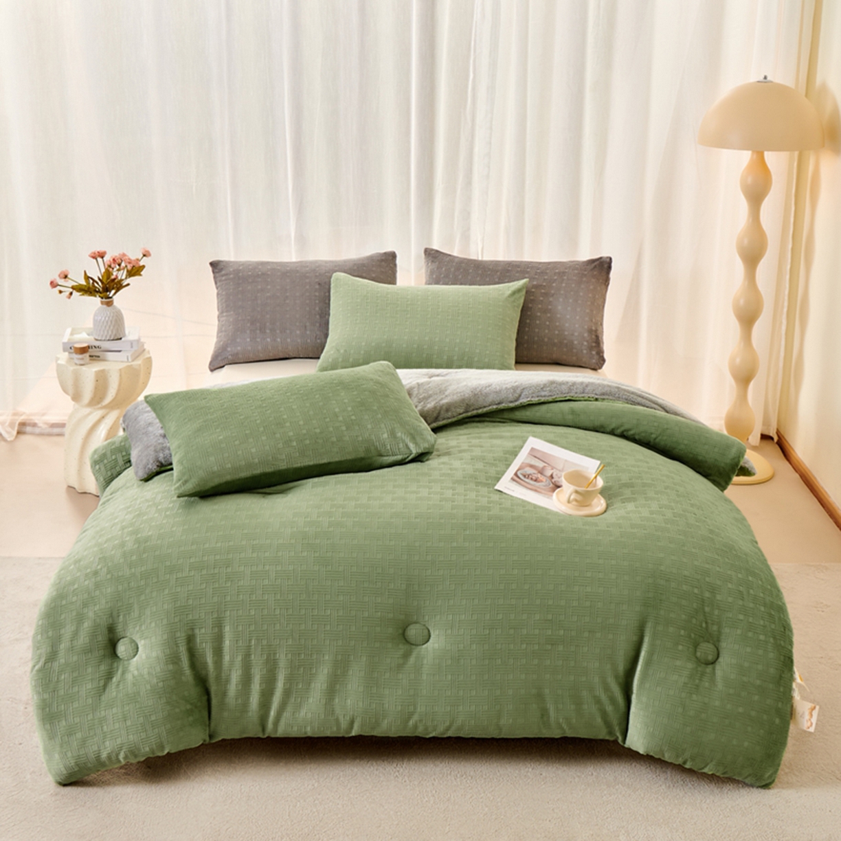 91家纺网 家纺一手货源 找家纺 栩裕纺织 2026新款华夫格牛奶绒北极绒冬被被子被芯 绿色