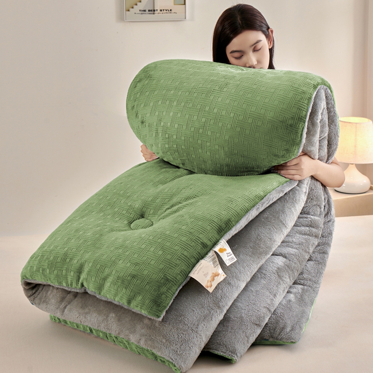 栩裕纺织 2025新款华夫格牛奶绒北极绒冬被被子被芯 绿色
