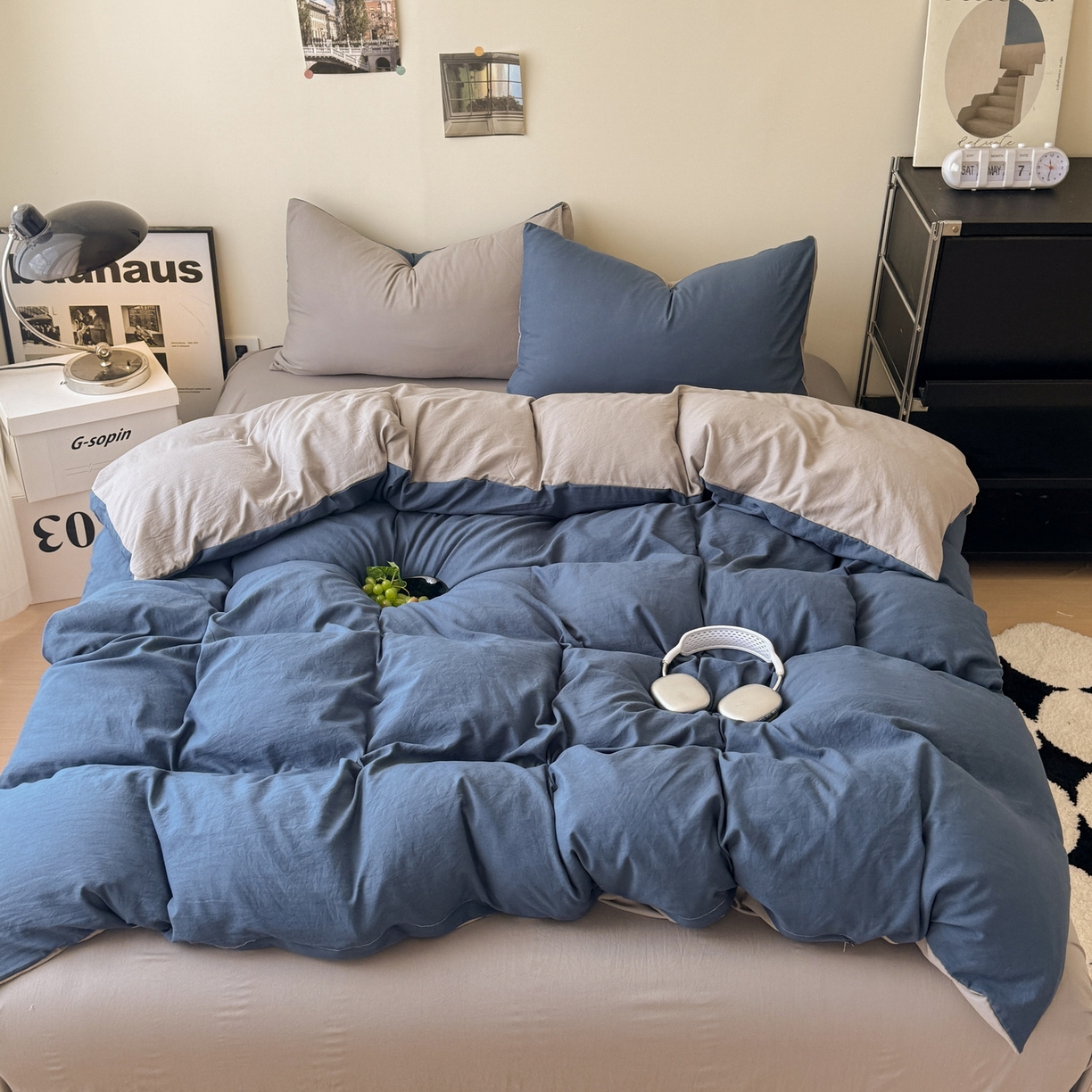 桔禾家纺 2025新款ins风纯色水洗棉四件套双拼水洗棉学生三件套四件套 深海蓝