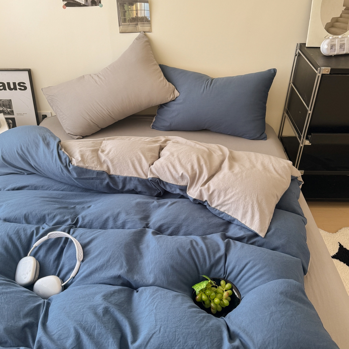 91家纺网 家纺一手货源 找家纺 桔禾家纺 2025新款ins风纯色水洗棉四件套双拼水洗棉学生三件套四件套 深海蓝