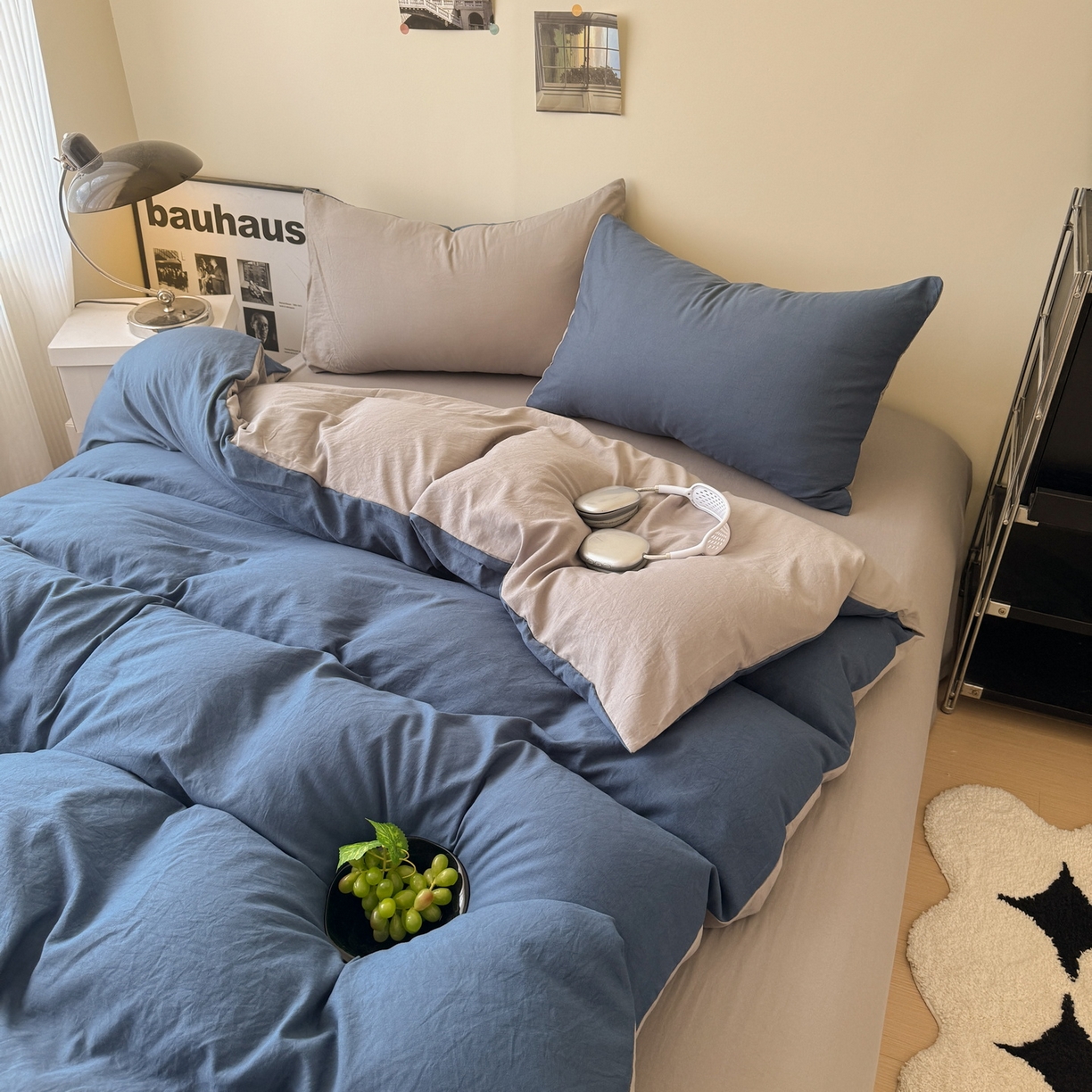 91家纺网 家纺一手货源 找家纺 桔禾家纺 2025新款ins风纯色水洗棉四件套双拼水洗棉学生三件套四件套 深海蓝