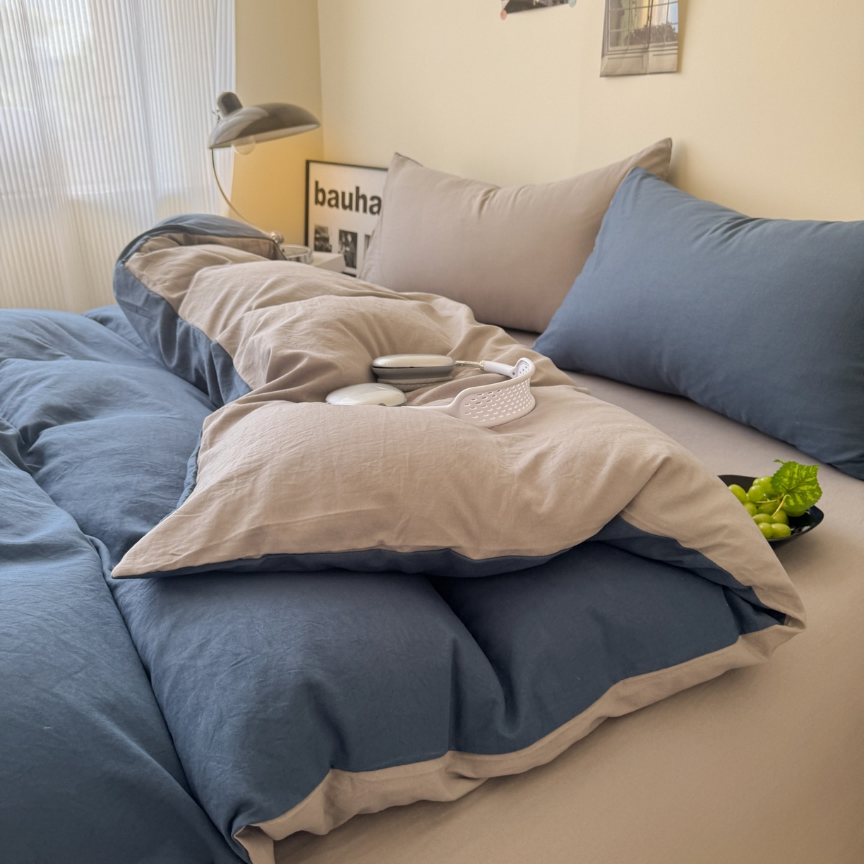 91家纺网 家纺一手货源 找家纺 桔禾家纺 2025新款ins风纯色水洗棉四件套双拼水洗棉学生三件套四件套 深海蓝