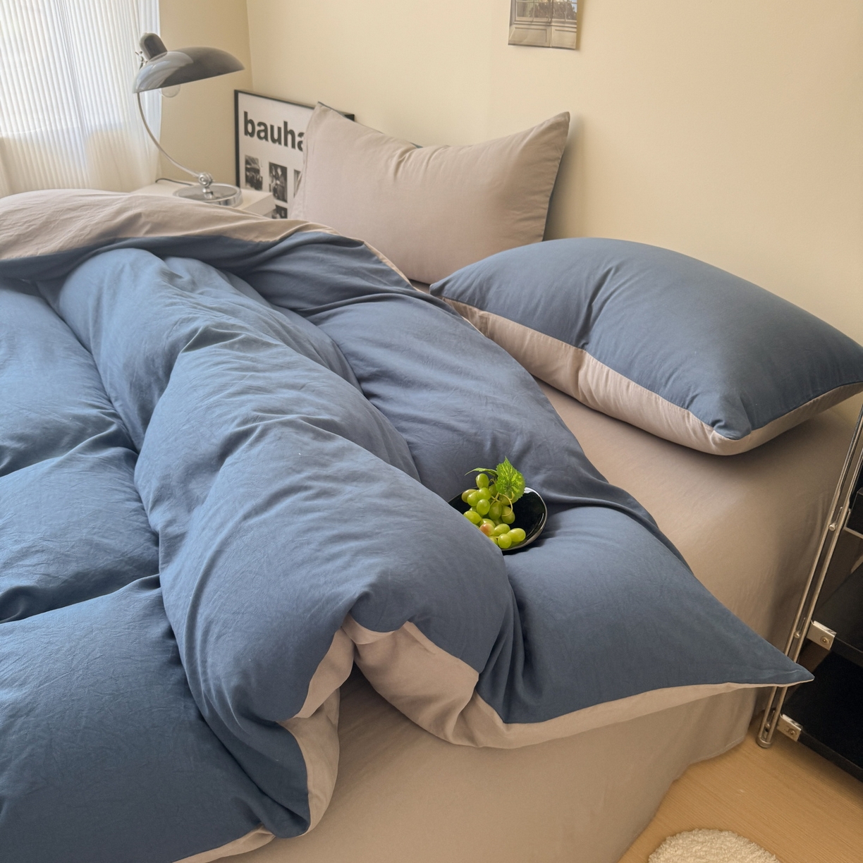 91家纺网 家纺一手货源 找家纺 桔禾家纺 2025新款ins风纯色水洗棉四件套双拼水洗棉学生三件套四件套 深海蓝