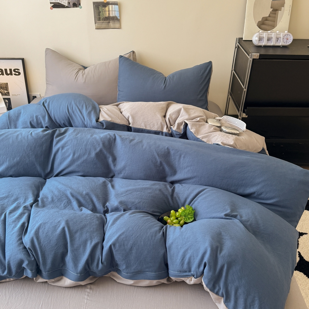 91家纺网 家纺一手货源 找家纺 桔禾家纺 2025新款ins风纯色水洗棉四件套双拼水洗棉学生三件套四件套 深海蓝