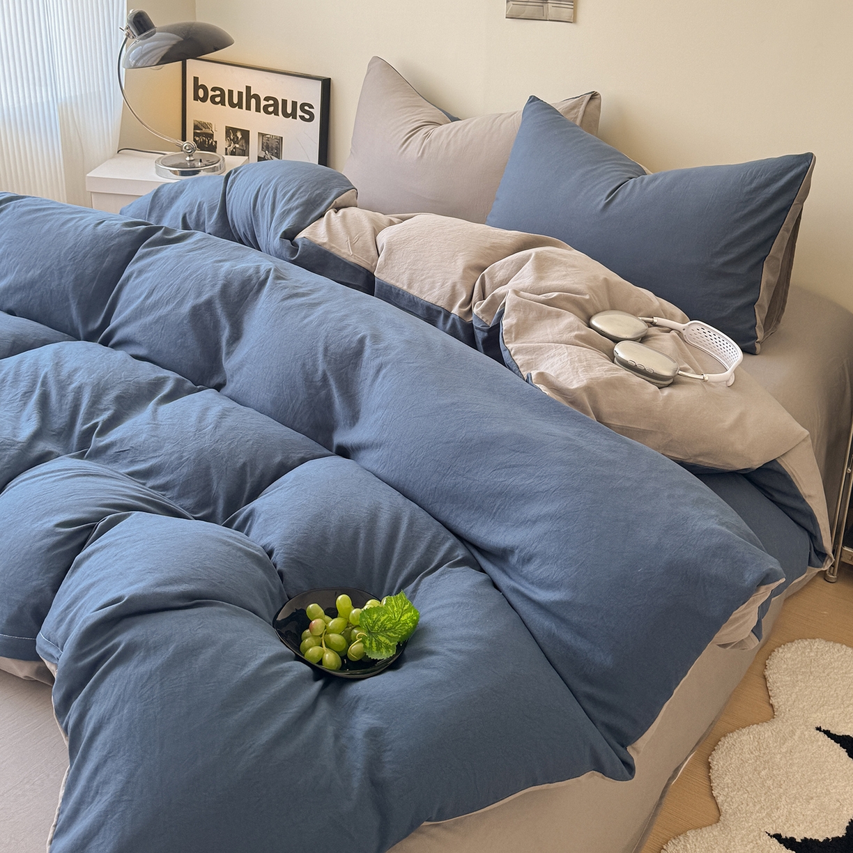 91家纺网 家纺一手货源 找家纺 桔禾家纺 2025新款ins风纯色水洗棉四件套双拼水洗棉学生三件套四件套 深海蓝