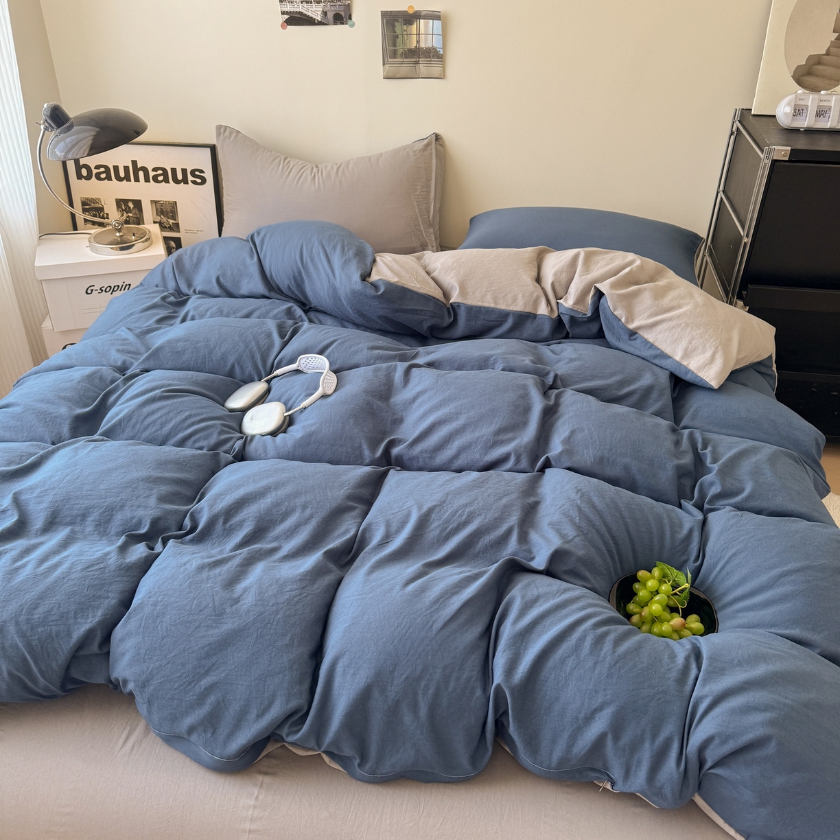 91家纺网 家纺一手货源 找家纺 桔禾家纺 2025新款ins风纯色水洗棉四件套双拼水洗棉学生三件套四件套 深海蓝