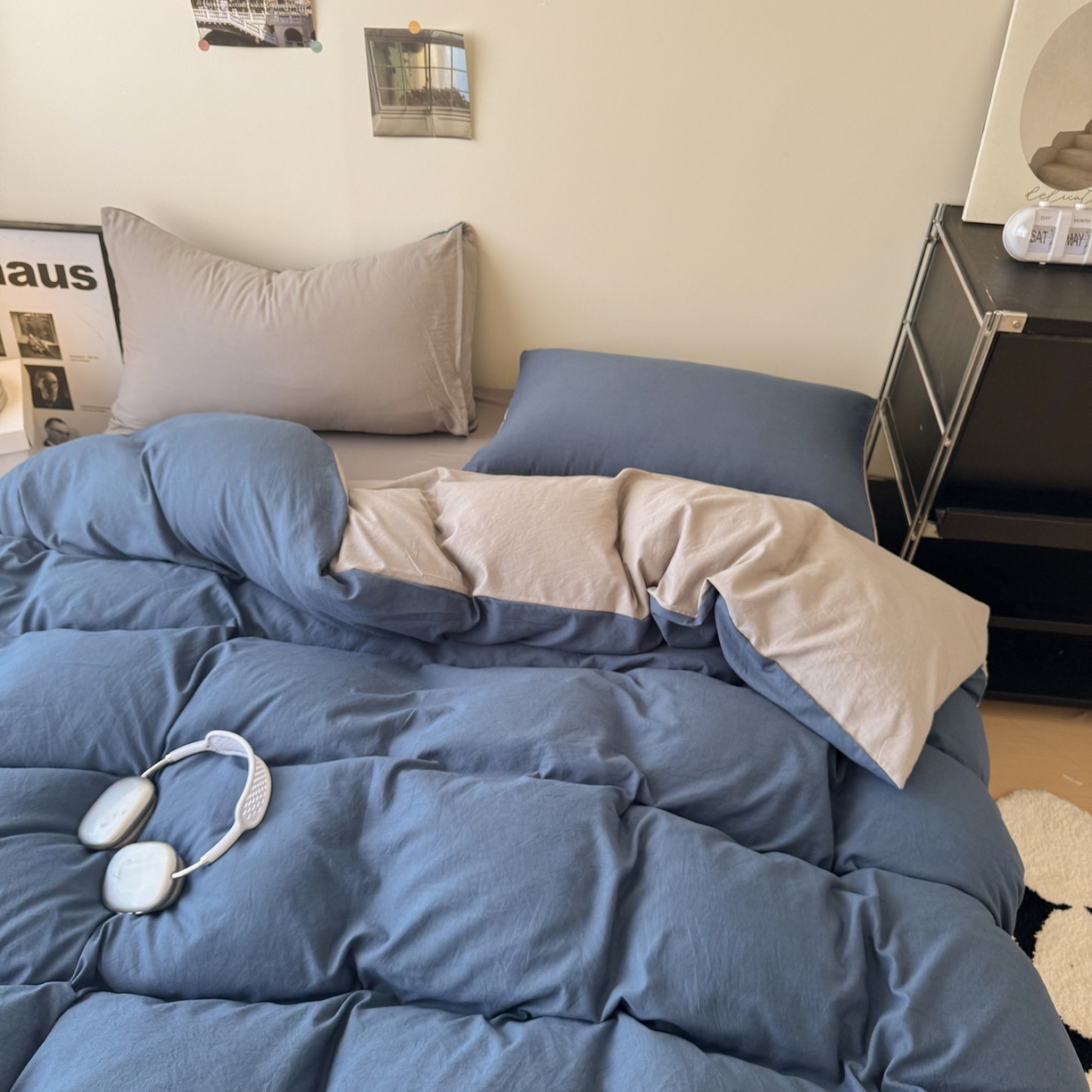 91家纺网 家纺一手货源 找家纺 桔禾家纺 2025新款ins风纯色水洗棉四件套双拼水洗棉学生三件套四件套 深海蓝