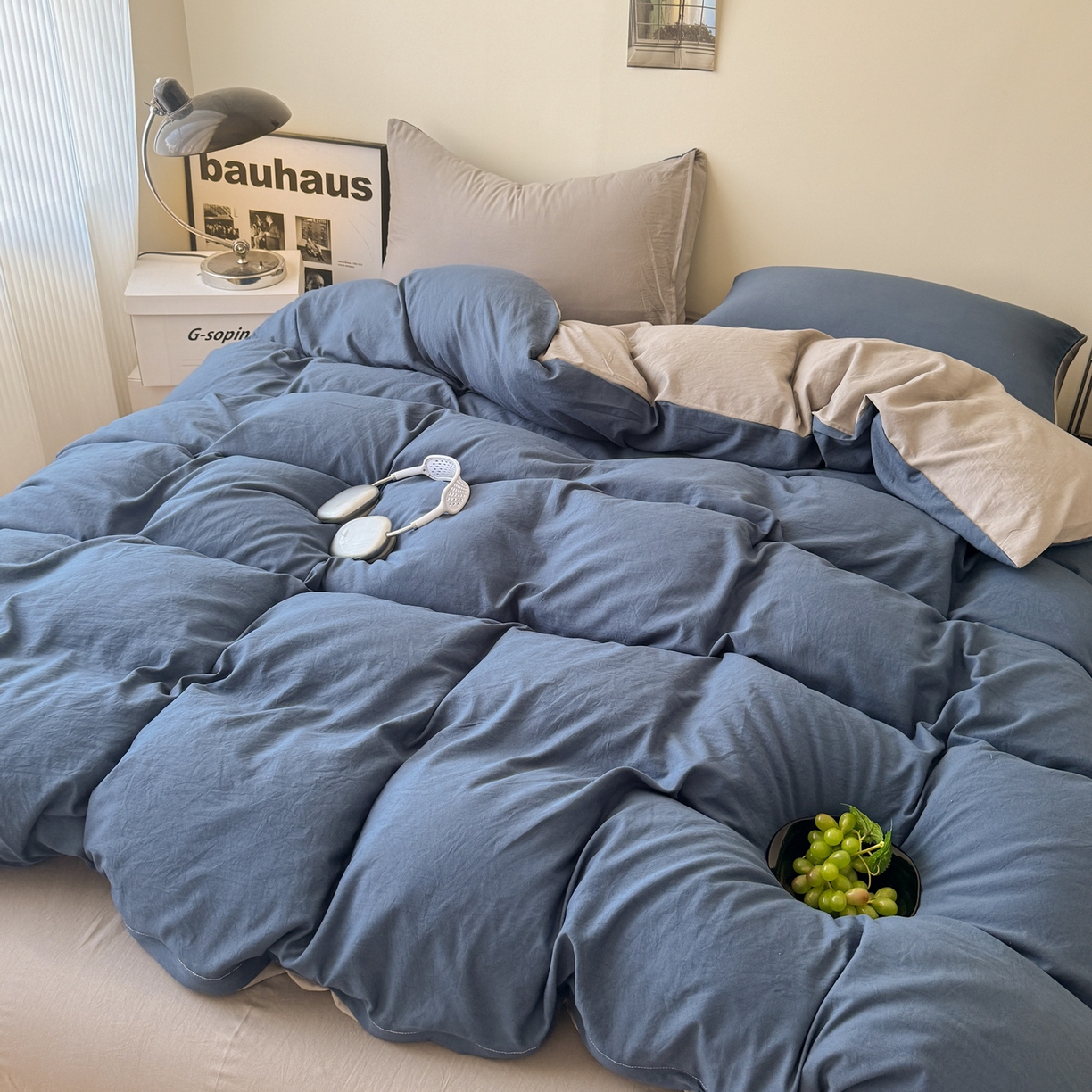 91家纺网 家纺一手货源 找家纺 桔禾家纺 2025新款ins风纯色水洗棉四件套双拼水洗棉学生三件套四件套 深海蓝