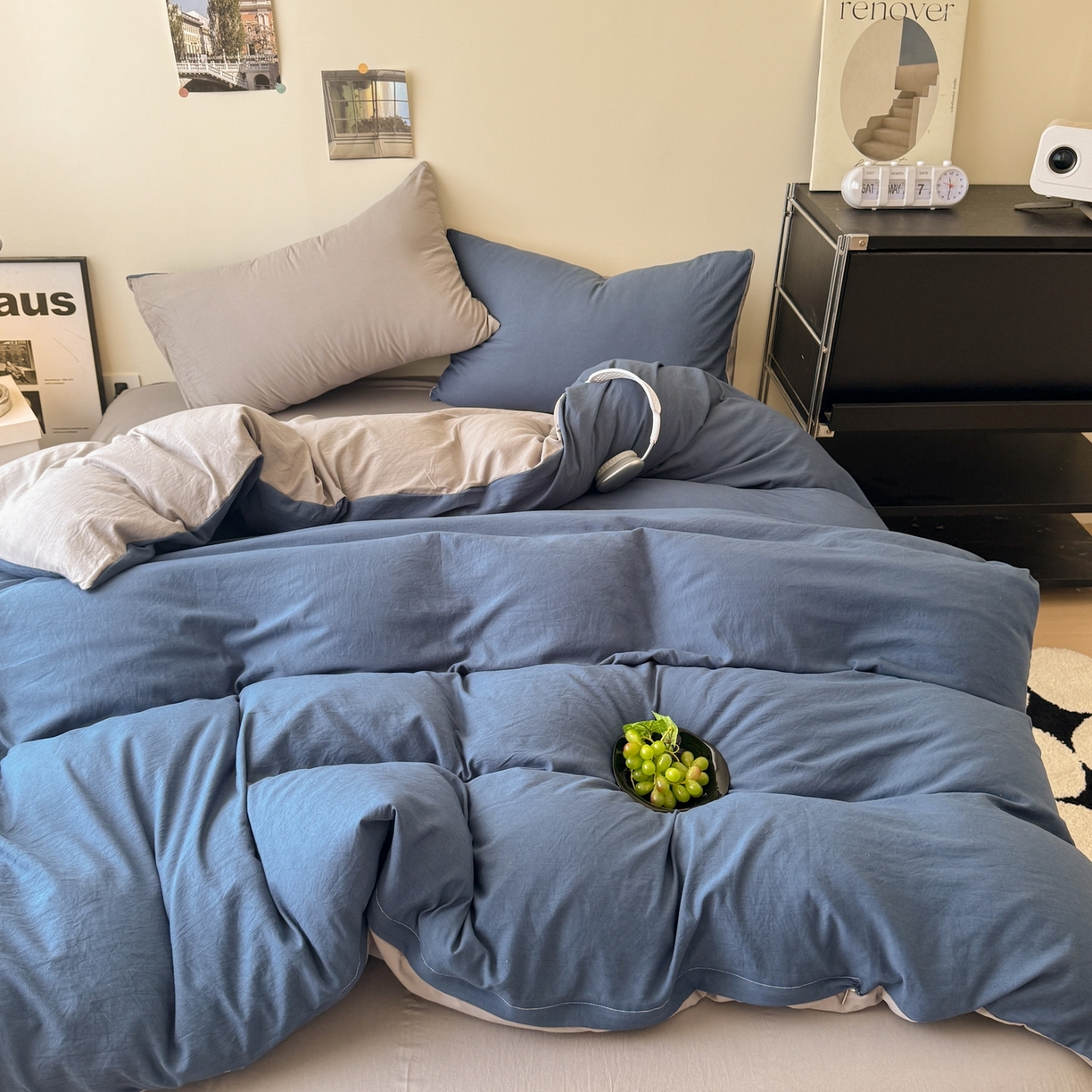 91家纺网 家纺一手货源 找家纺 桔禾家纺 2025新款ins风纯色水洗棉四件套双拼水洗棉学生三件套四件套 深海蓝