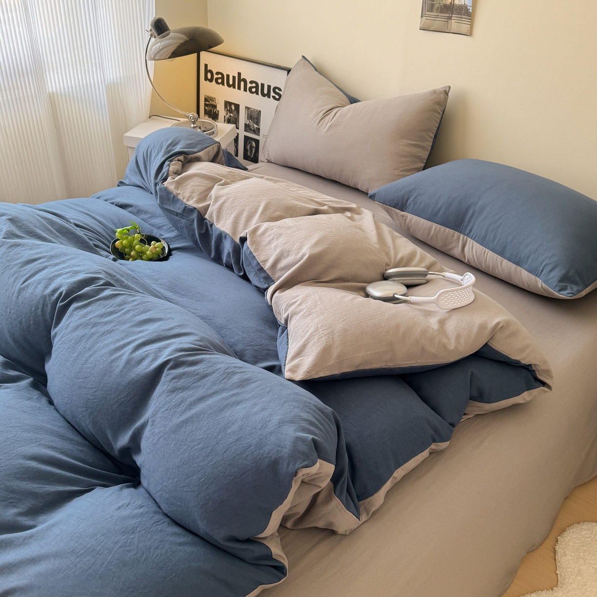 91家纺网 家纺一手货源 找家纺 桔禾家纺 2025新款ins风纯色水洗棉四件套双拼水洗棉学生三件套四件套 深海蓝