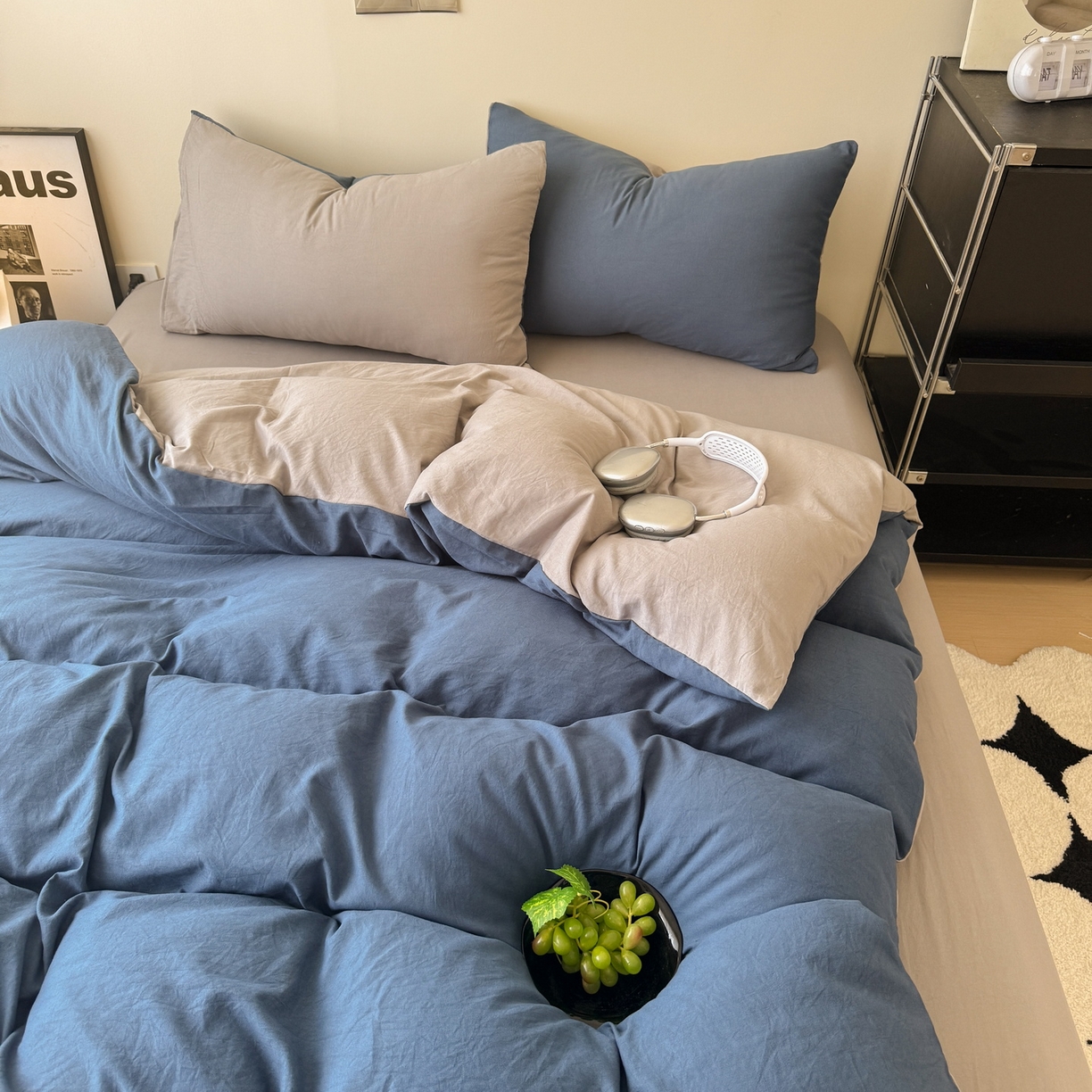 91家纺网 家纺一手货源 找家纺 桔禾家纺 2025新款ins风纯色水洗棉四件套双拼水洗棉学生三件套四件套 深海蓝