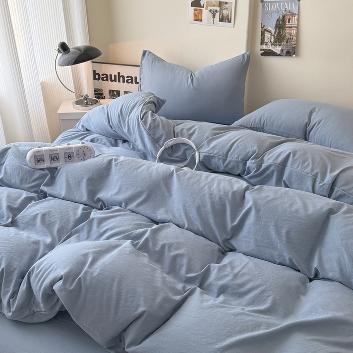 91家纺网 家纺一手货源 找家纺 桔禾家纺 2025新款ins风纯色水洗棉四件套双拼水洗棉学生三件套四件套 宾利蓝