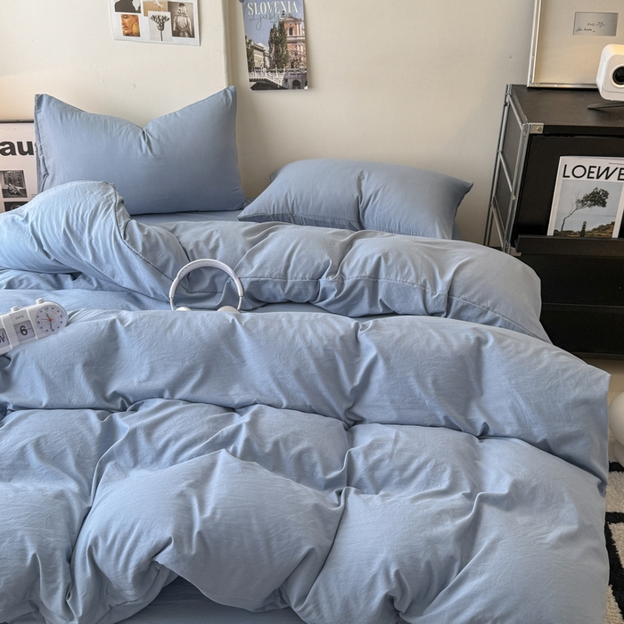 91家纺网 家纺一手货源 找家纺 桔禾家纺 2025新款ins风纯色水洗棉四件套双拼水洗棉学生三件套四件套 宾利蓝