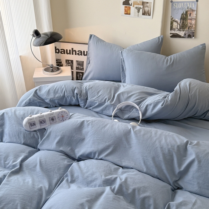 91家纺网 家纺一手货源 找家纺 桔禾家纺 2025新款ins风纯色水洗棉四件套双拼水洗棉学生三件套四件套 宾利蓝