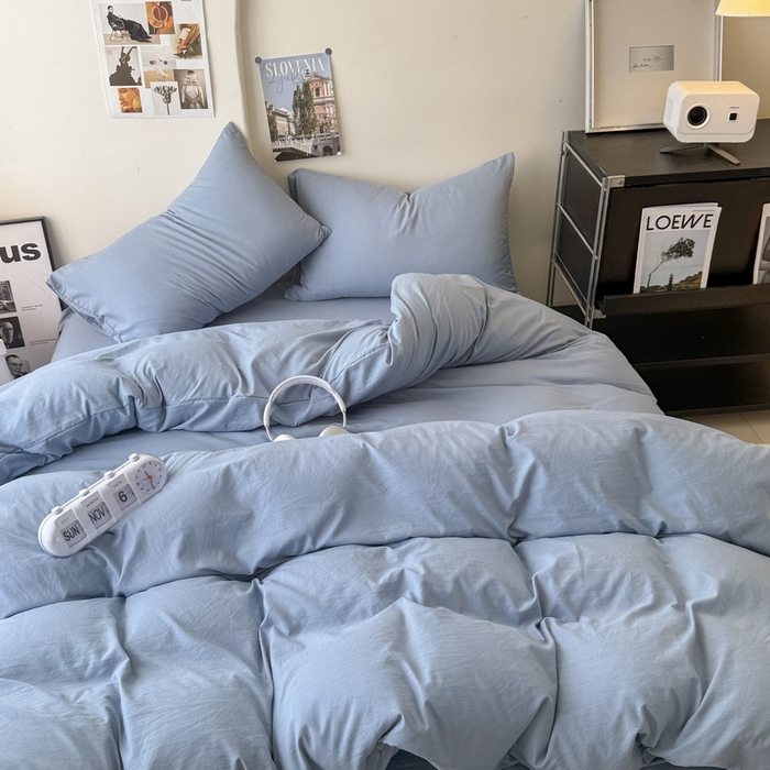 91家纺网 家纺一手货源 找家纺 桔禾家纺 2025新款ins风纯色水洗棉四件套双拼水洗棉学生三件套四件套 宾利蓝