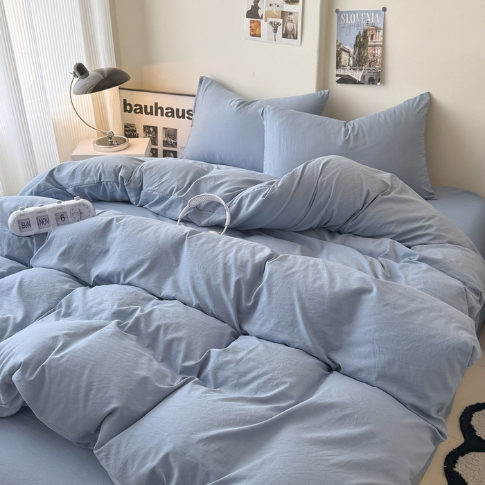 91家纺网 家纺一手货源 找家纺 桔禾家纺 2025新款ins风纯色水洗棉四件套双拼水洗棉学生三件套四件套 宾利蓝