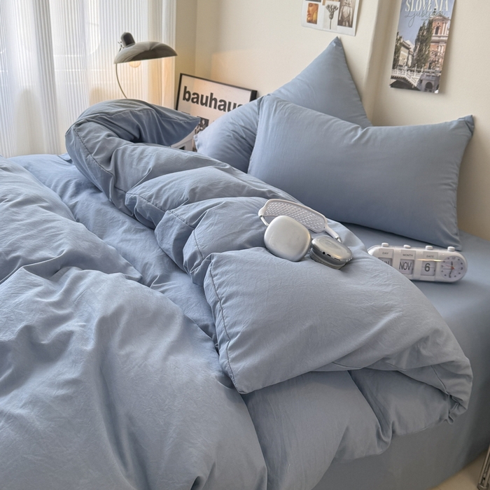 91家纺网 家纺一手货源 找家纺 桔禾家纺 2025新款ins风纯色水洗棉四件套双拼水洗棉学生三件套四件套 宾利蓝