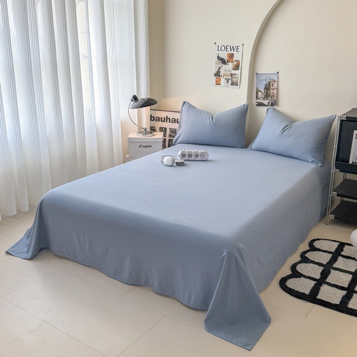 91家纺网 家纺一手货源 找家纺 桔禾家纺 2025新款ins风纯色水洗棉四件套双拼水洗棉学生三件套四件套 宾利蓝