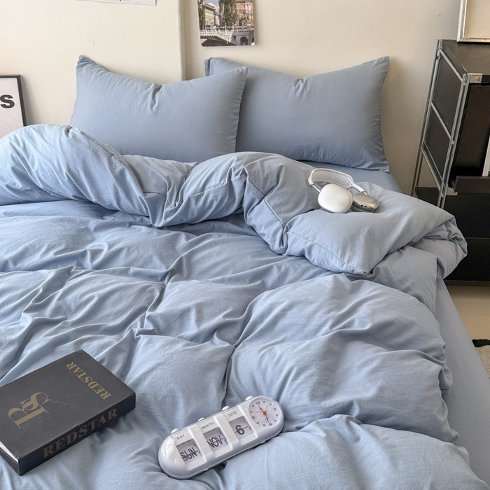 91家纺网 家纺一手货源 找家纺 桔禾家纺 2025新款ins风纯色水洗棉四件套双拼水洗棉学生三件套四件套 宾利蓝