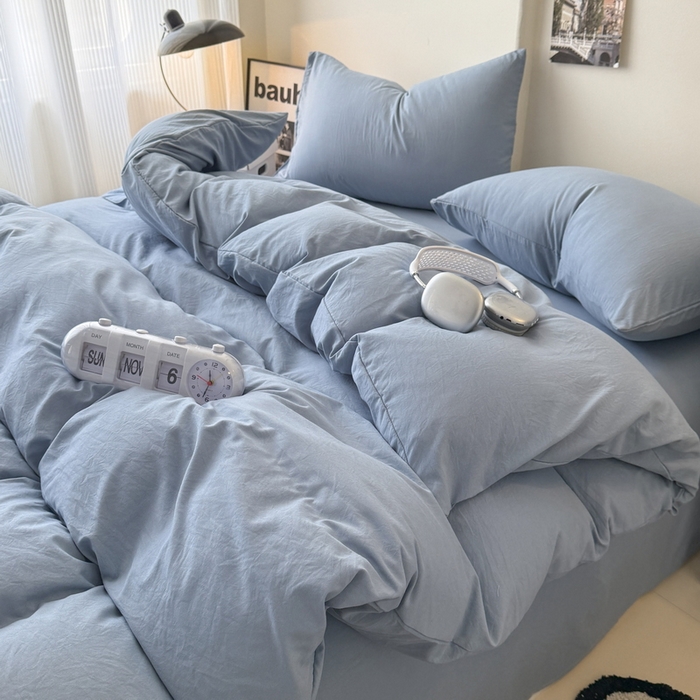 91家纺网 家纺一手货源 找家纺 桔禾家纺 2025新款ins风纯色水洗棉四件套双拼水洗棉学生三件套四件套 宾利蓝